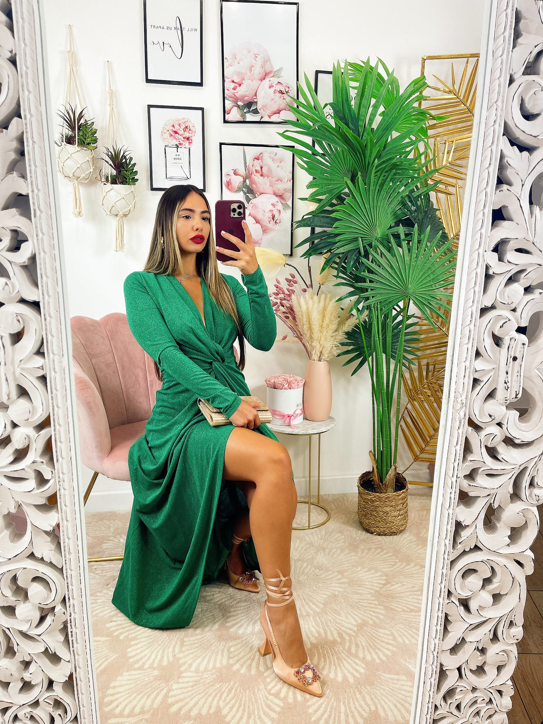 Abito glitterato lungo con nodo Verde smeraldo - R.a. Boutique 