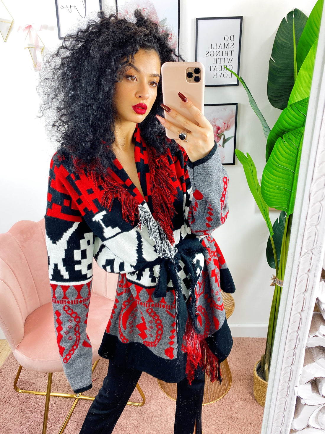 Cardigan Rosso con frange e cinta - R.a. Boutique 