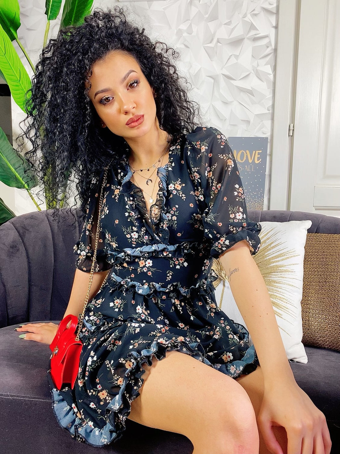 Abito a fiori con balza nero - R.a. Boutique 