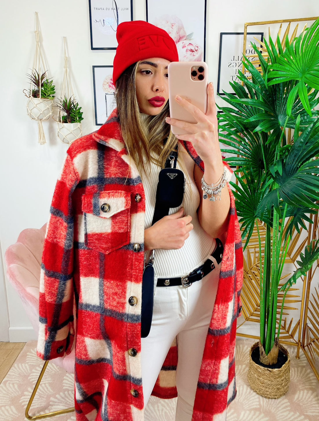 Giacca a quadri lunga Rossa - R.a. Boutique 