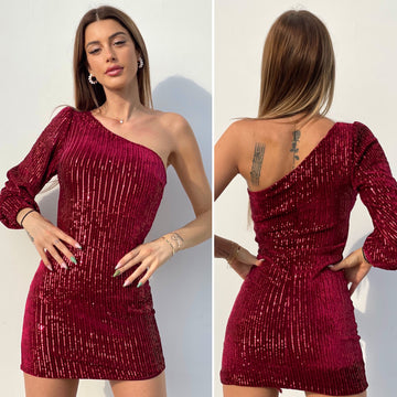 Abito con paillettes monospalla Bordeaux - R.a. Boutique 