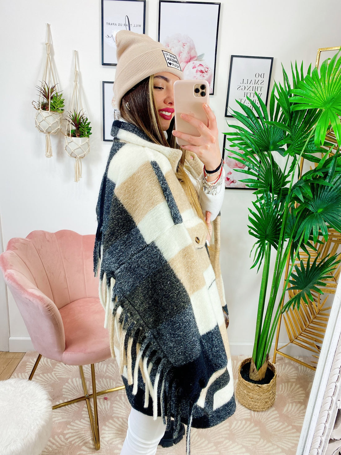 Giacca a quadri Beige con frange - R.a. Boutique 