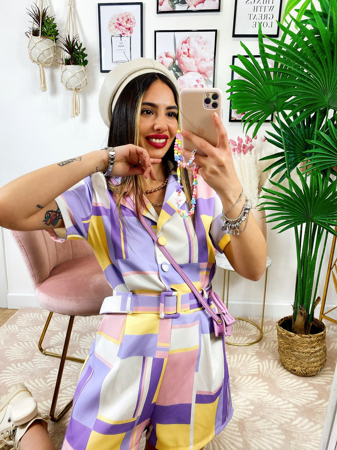 Tutina a quadri con bottoni base lilla - R.a. Boutique 