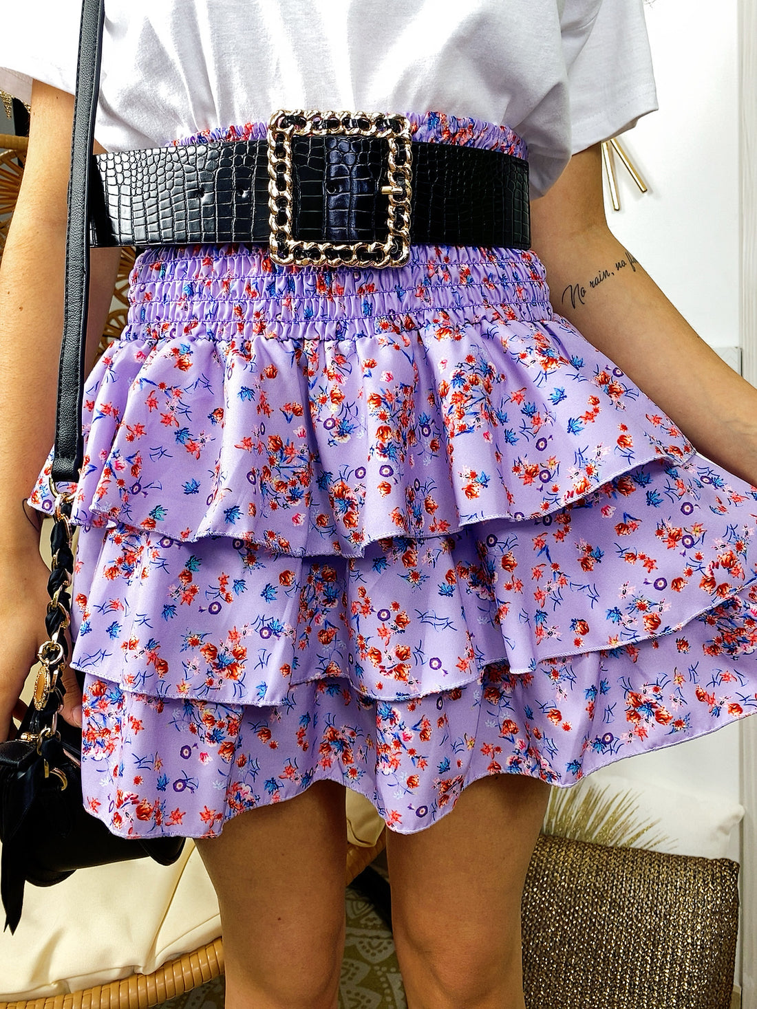 Gonna a balze fiori base lilla - R.a. Boutique 