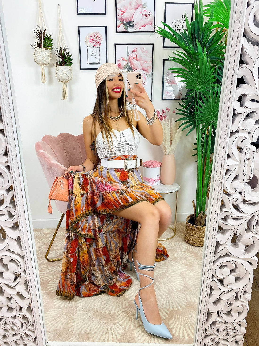 Gonna asimmetrica arancione fiori rossi - R.a. Boutique 