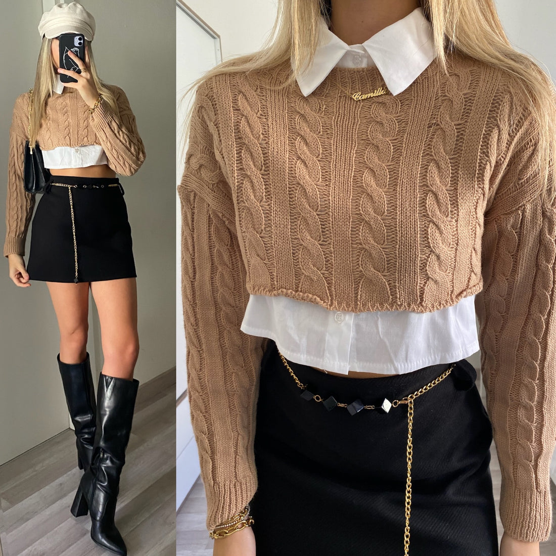 Pull crop a trecce Camel - R.a. Boutique 