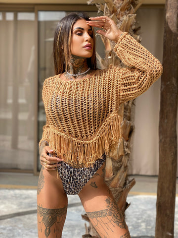 Maglia traforata con frange Camel - R.a. Boutique 