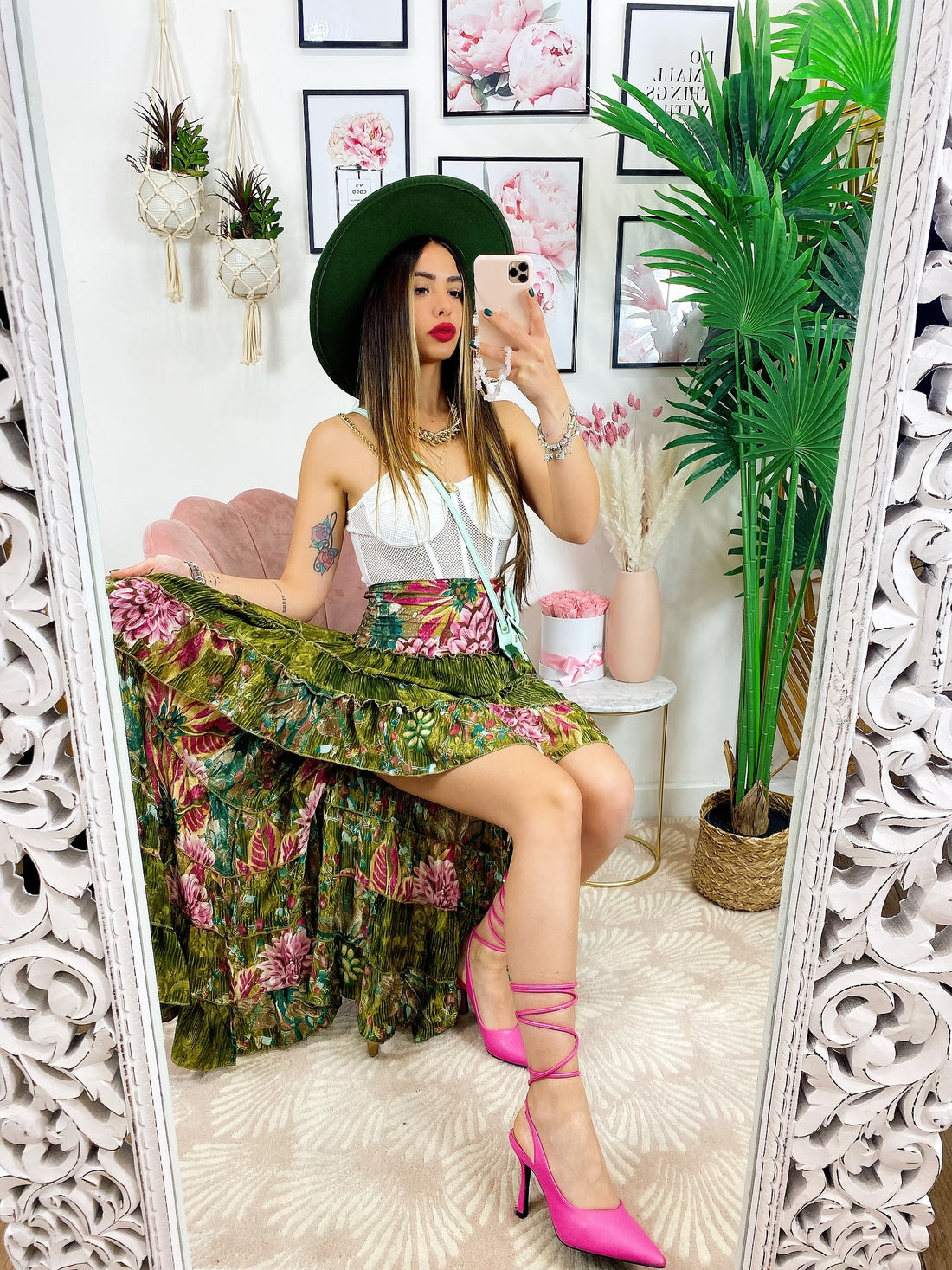 Gonna asimmetrica verde fiori rosa - R.a. Boutique 