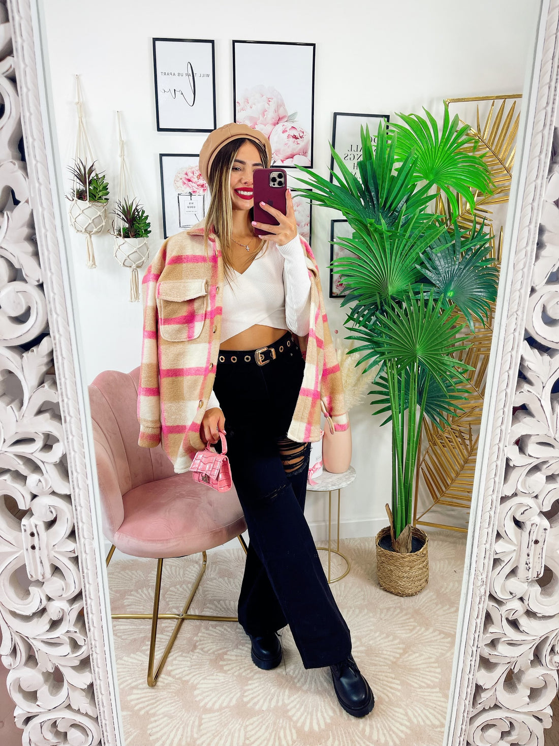 Giacca a quadri beige dettaglio rosa - R.a. Boutique 