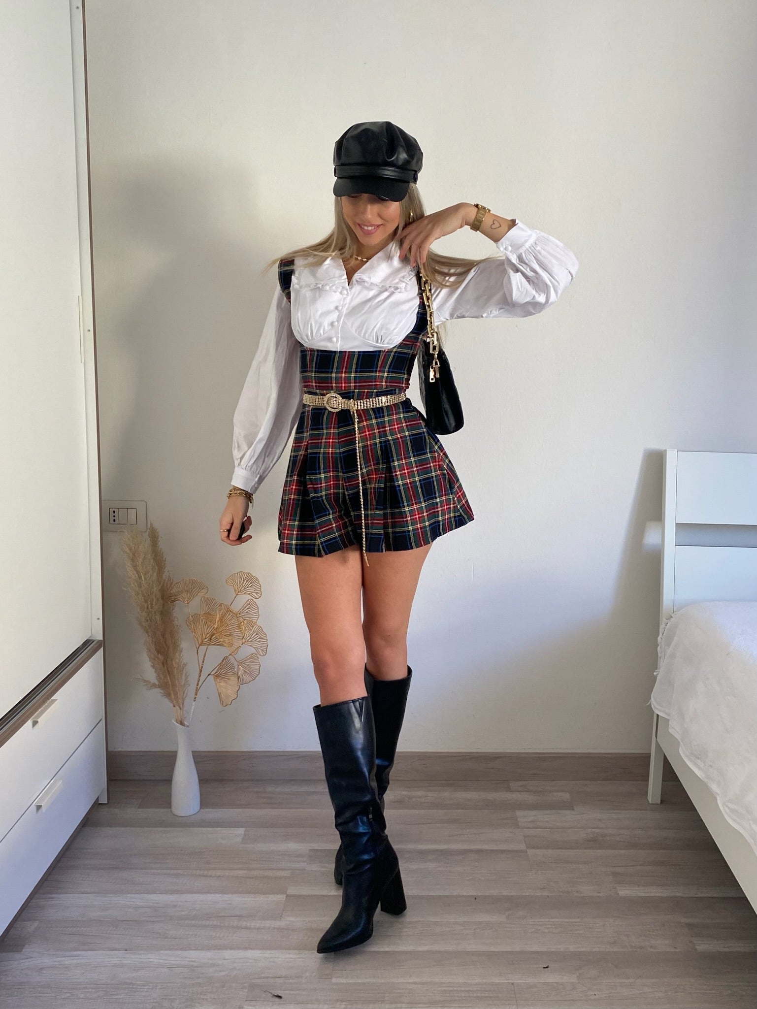 Salopette scozzese con camicia blu - R.a. Boutique 