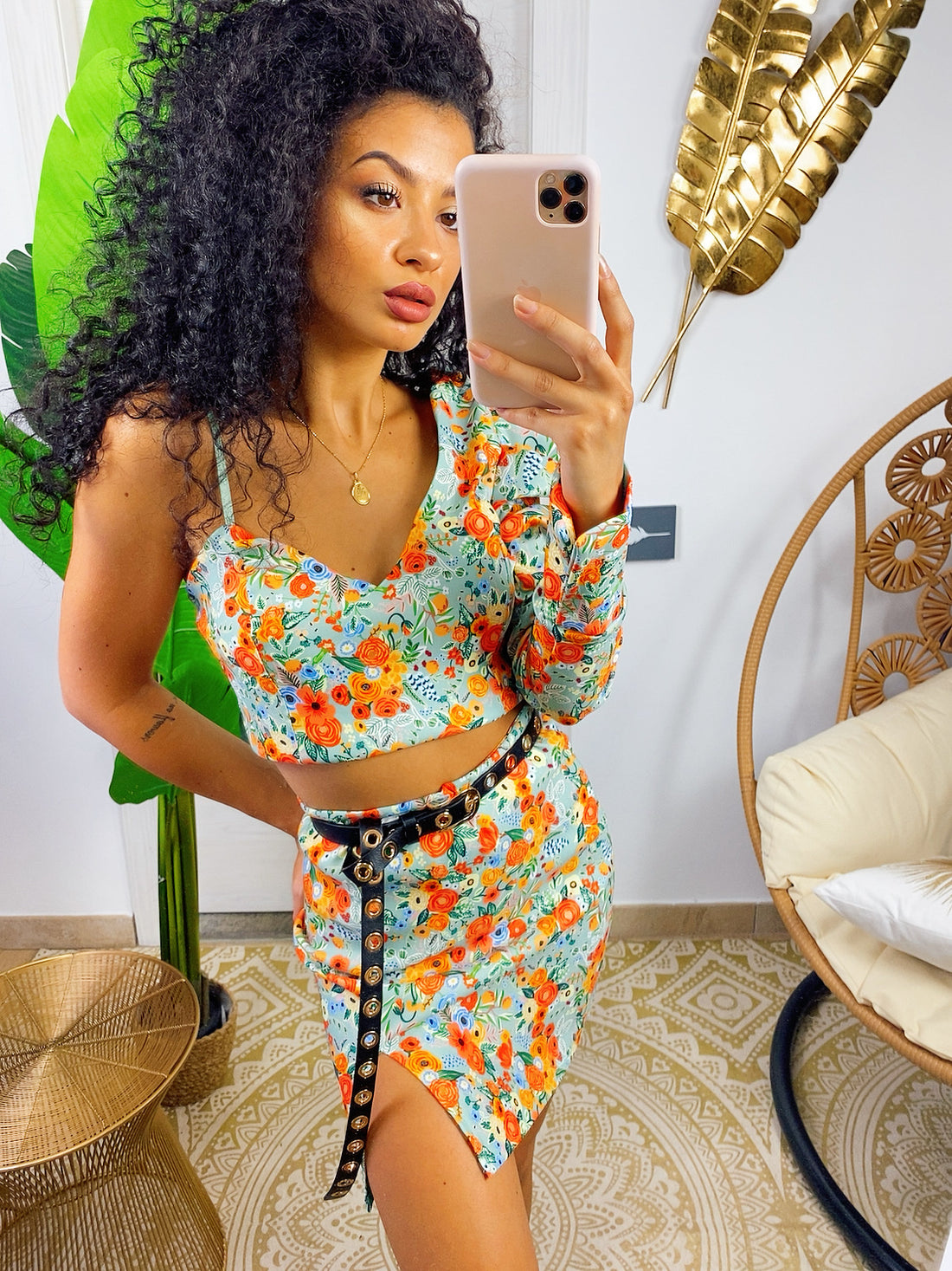 Completo top e gonna con fiori arancio base verdeacqua - R.a. Boutique 