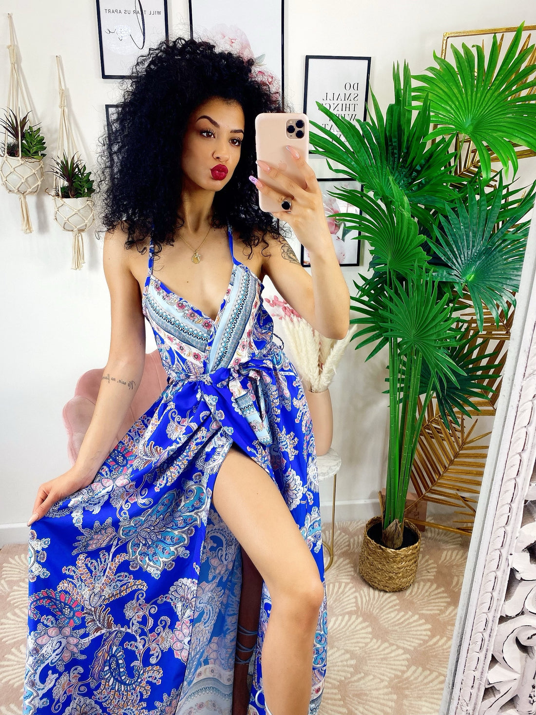 Abito maxi spacco fantasia blu - R.a. Boutique 