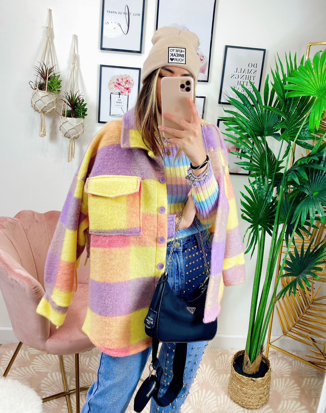 Giacca a quadri Lilla gialla con frange - R.a. Boutique 