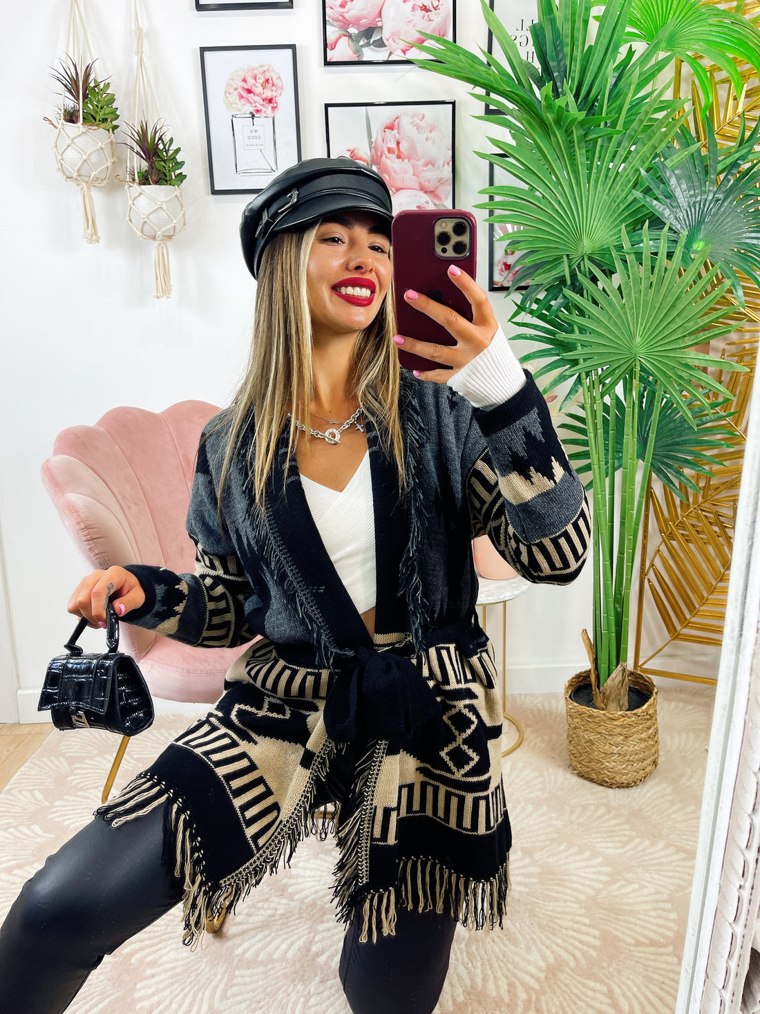 Cardigan frange e cinta dettaglio beige - R.a. Boutique 