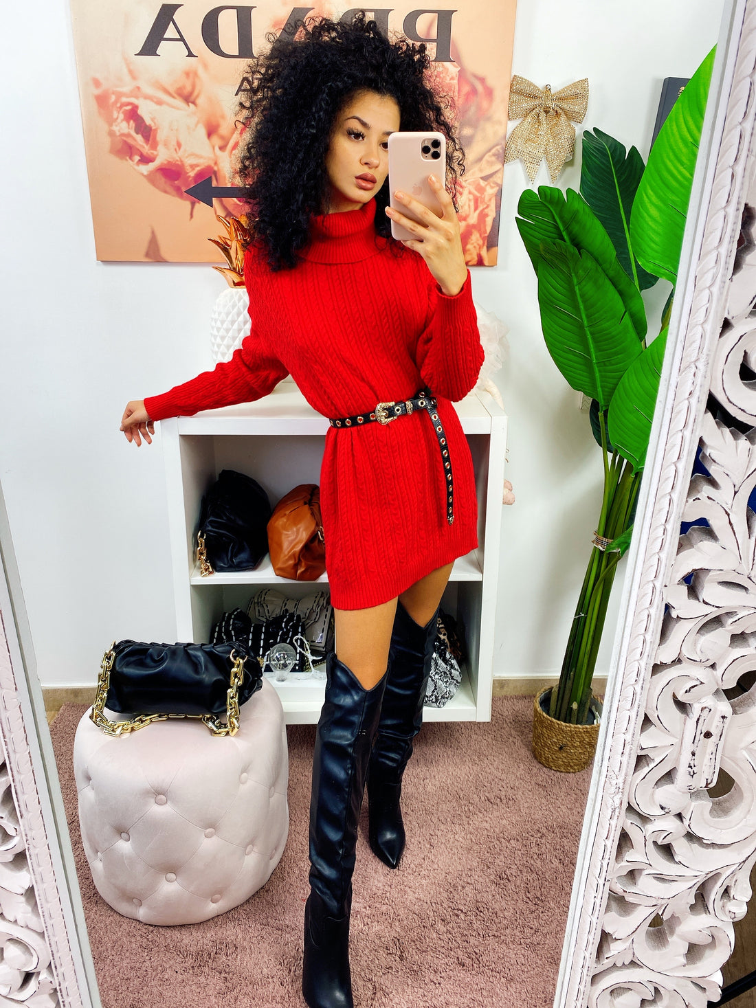 Abito in maglia a trecce collo alto rosso - R.a. Boutique 