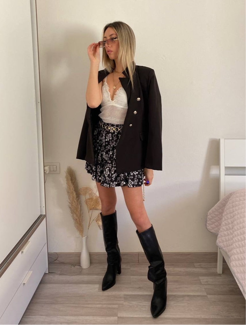 Gonna a ruota nera a fiorellini bianchi - R.a. Boutique 