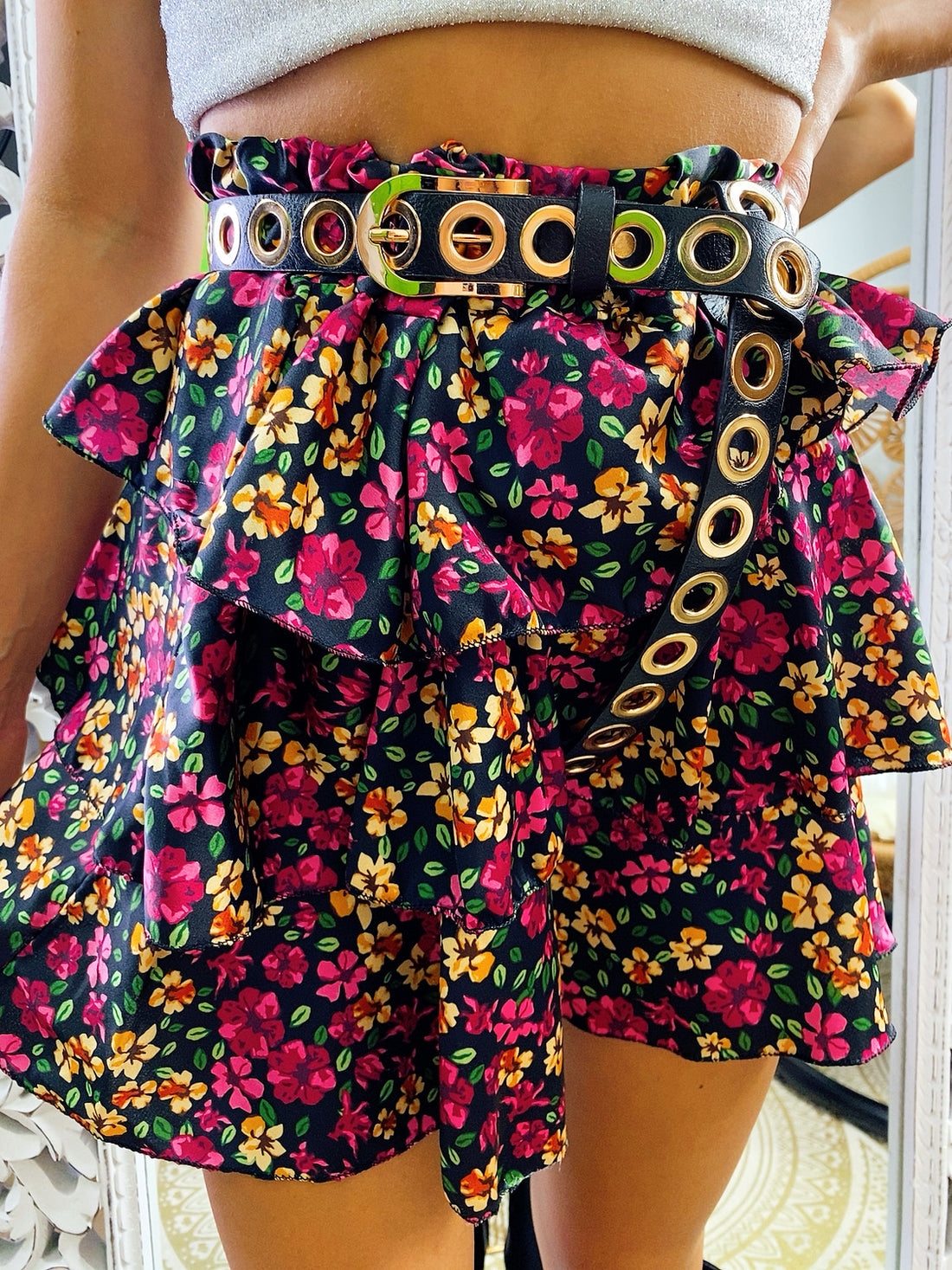 Gonna in raso a balze con fiori Fuxia e gialli - R.a. Boutique 