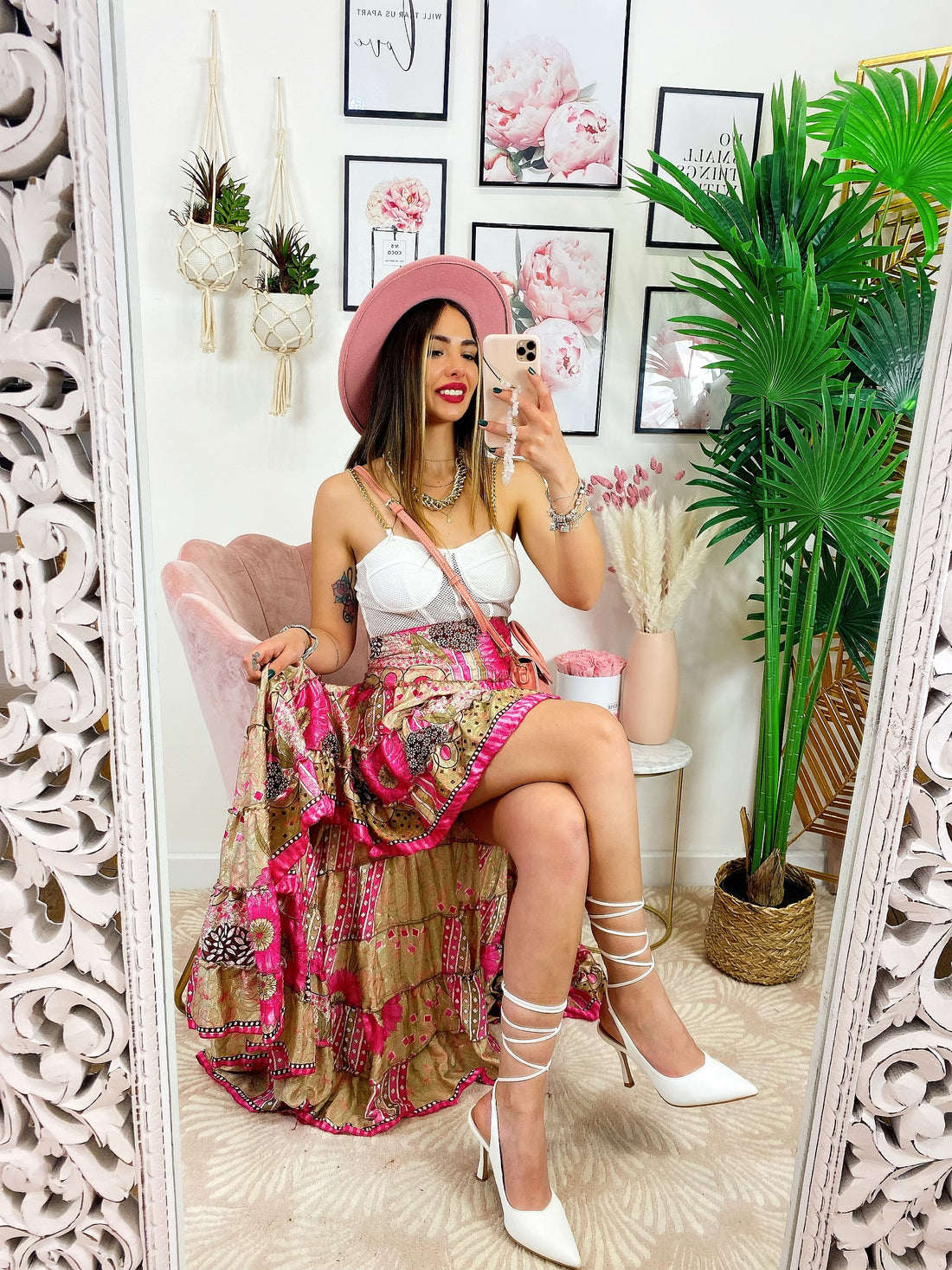 Gonna asimmetrica oro fiori rosa - R.a. Boutique 