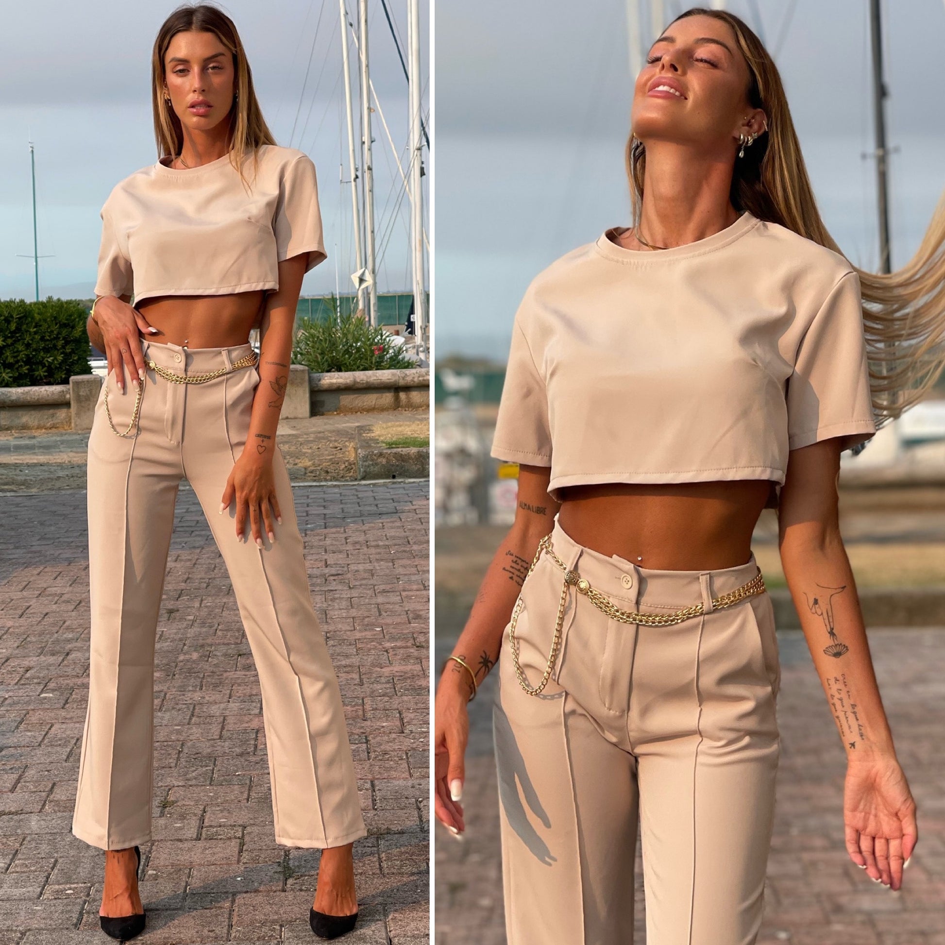 Completo maglia crop e pantalone beige - R.a. Boutique 