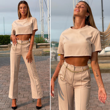Completo maglia crop e pantalone beige - R.a. Boutique 