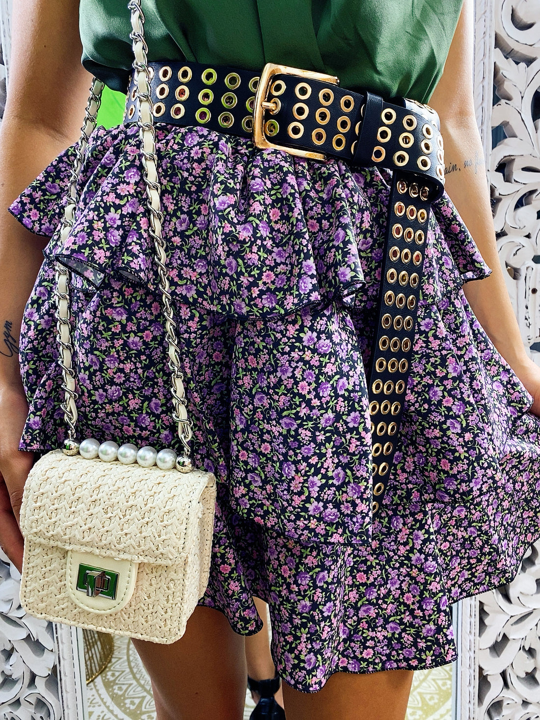 Gonna a balze con fiorellini lilla - R.a. Boutique 