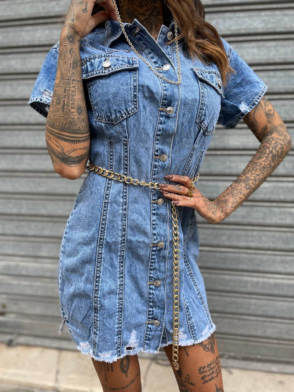 Abito in jeans con catena oro - R.a. Boutique 