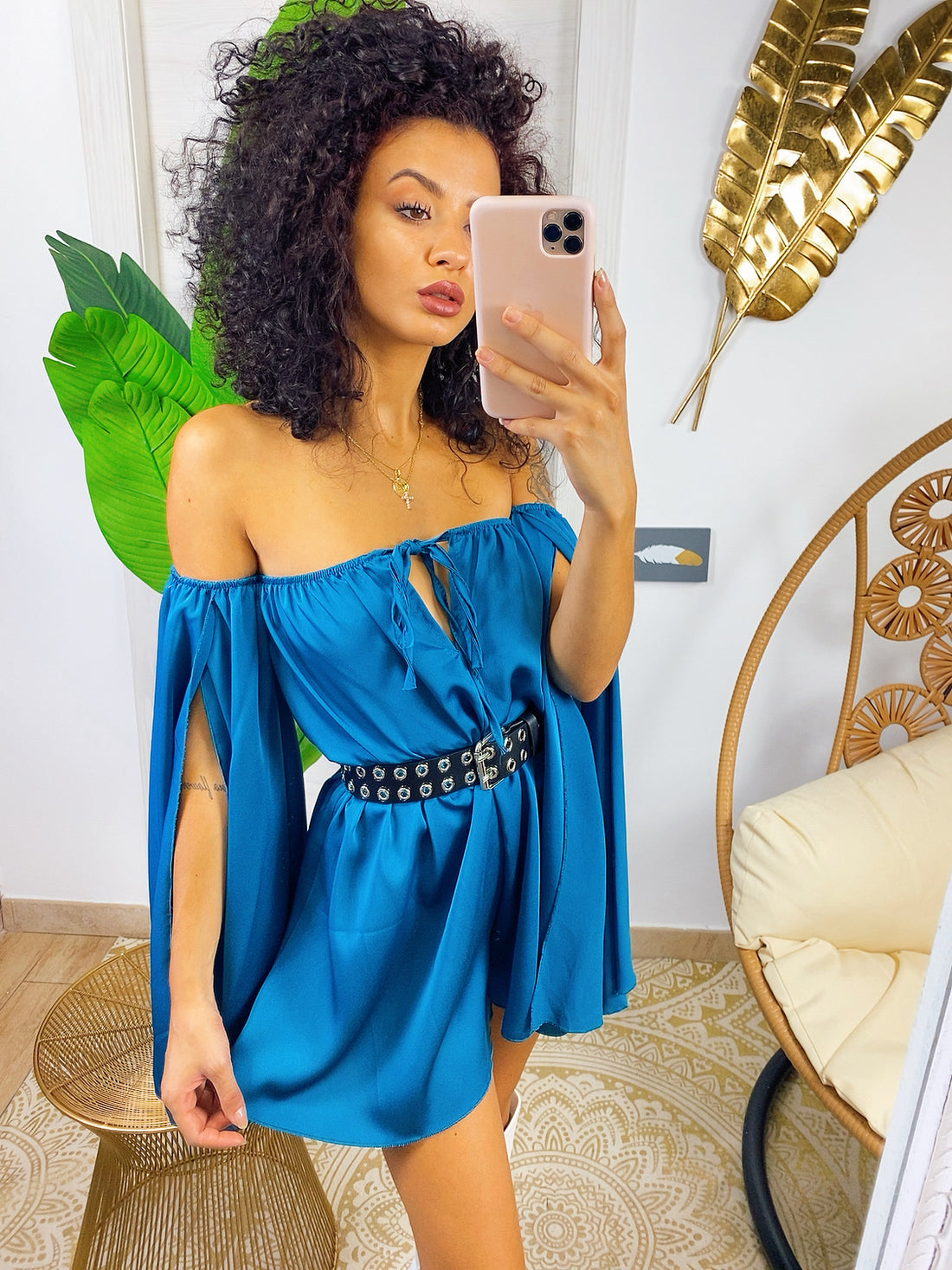 Tutina in raso con scollo a barchetta manica lunga oceano - R.a. Boutique 