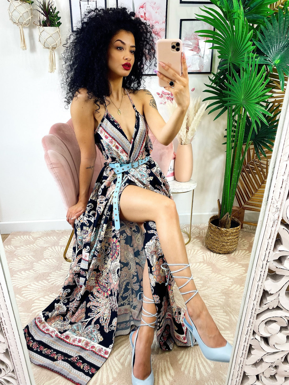 Abito maxi spacco fantasia nero - R.a. Boutique 