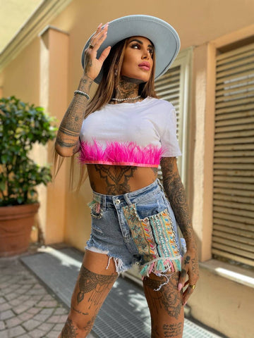 T-shirt crop piume Fuxia - R.a. Boutique 