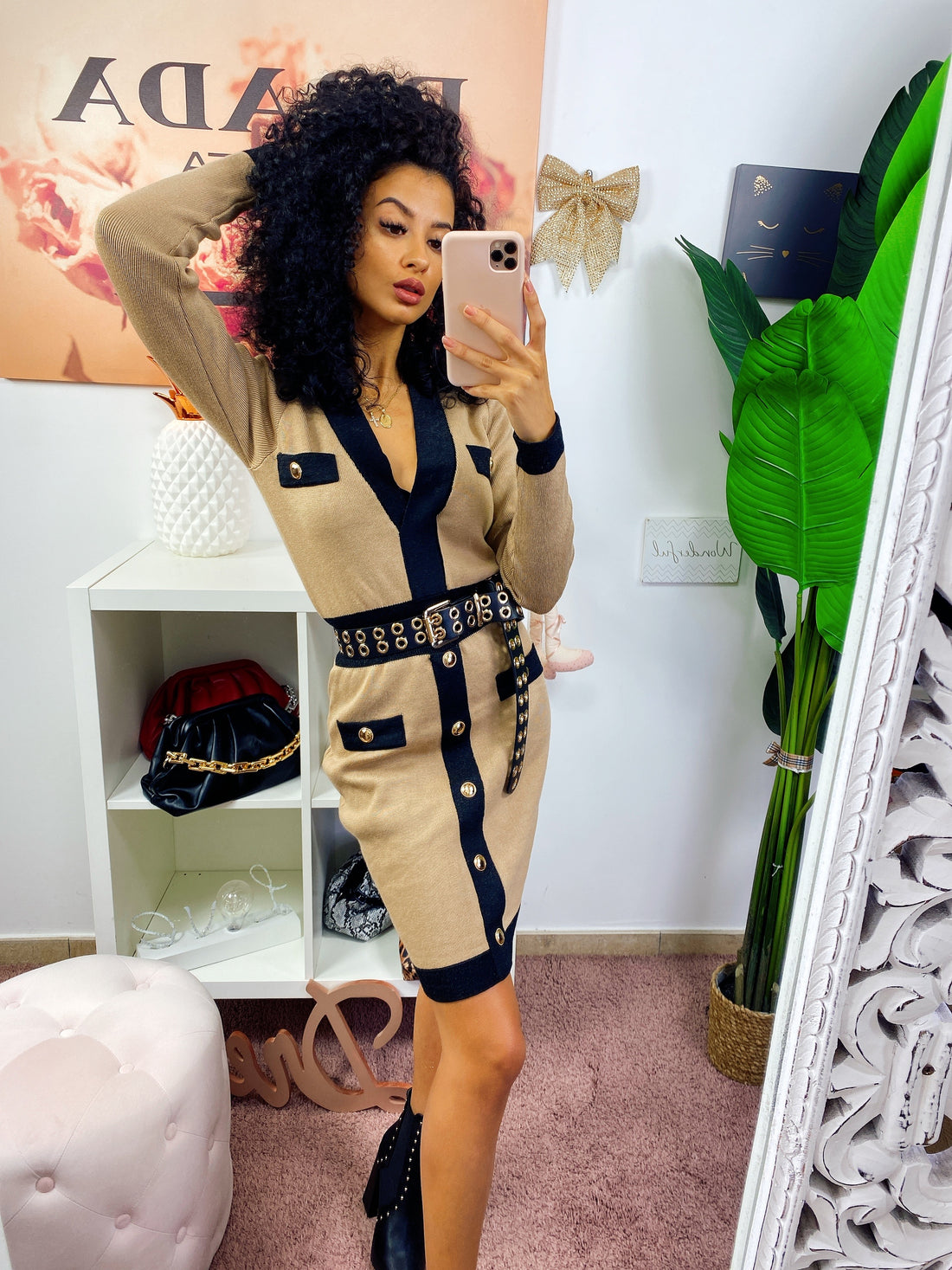 Abito in maglia aderente con bottoni Nero e camel - R.a. Boutique 