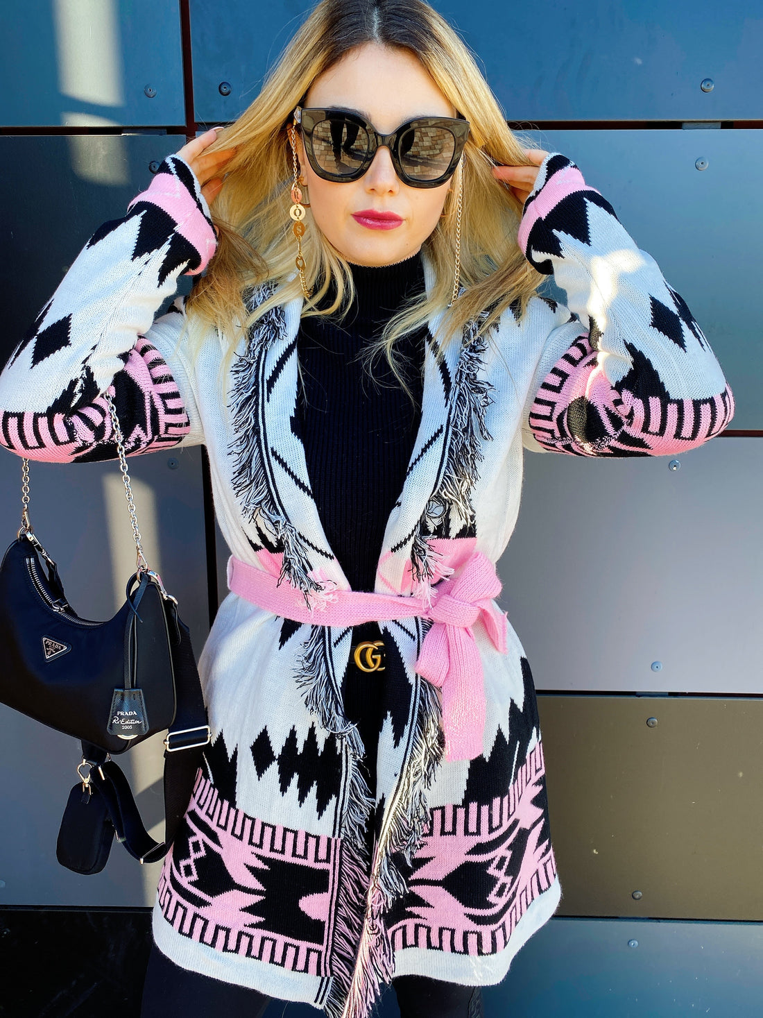 Cardigan Rosa con frange e cinta - R.a. Boutique 