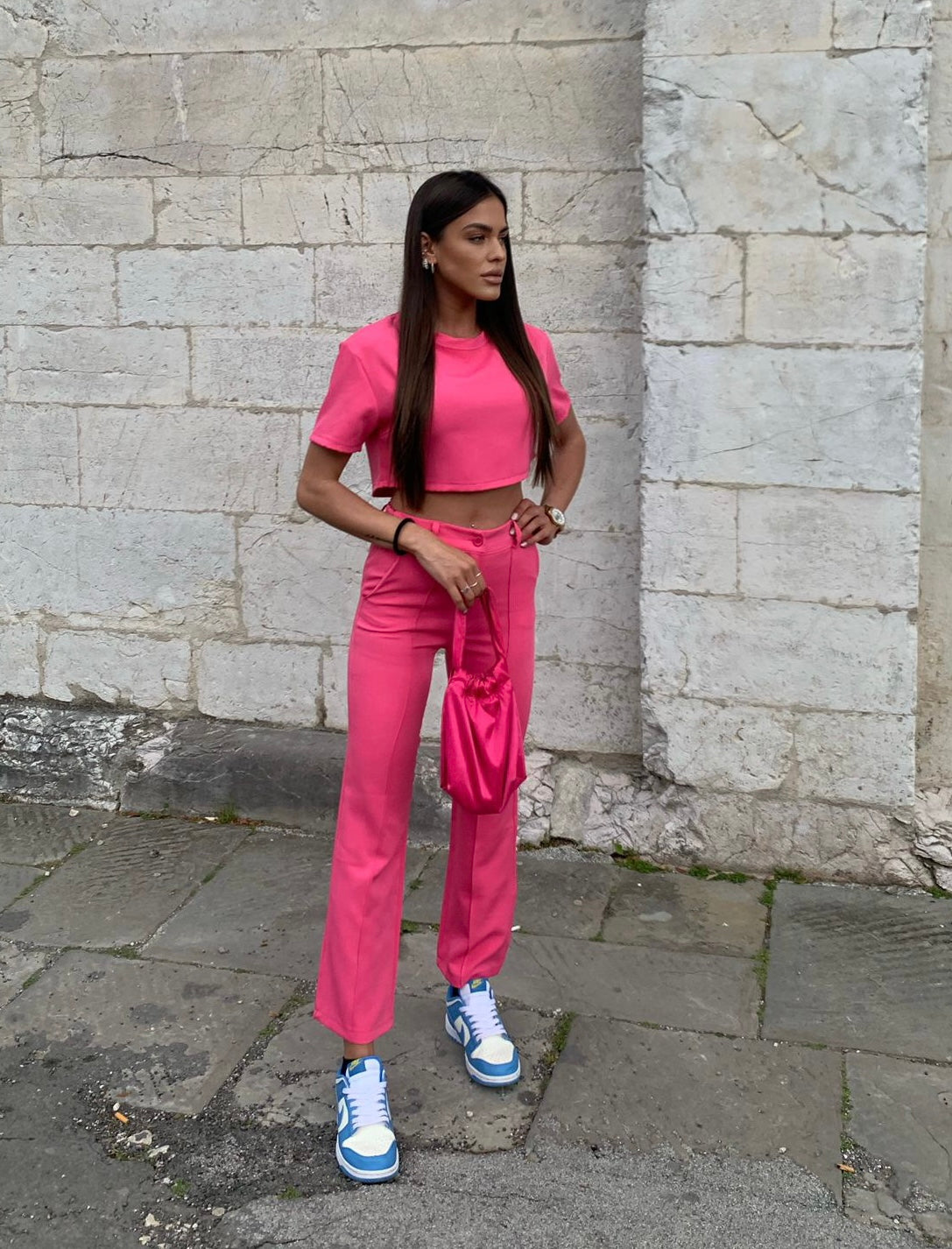 Completo maglia crop e pantalone Fuxia - R.a. Boutique 