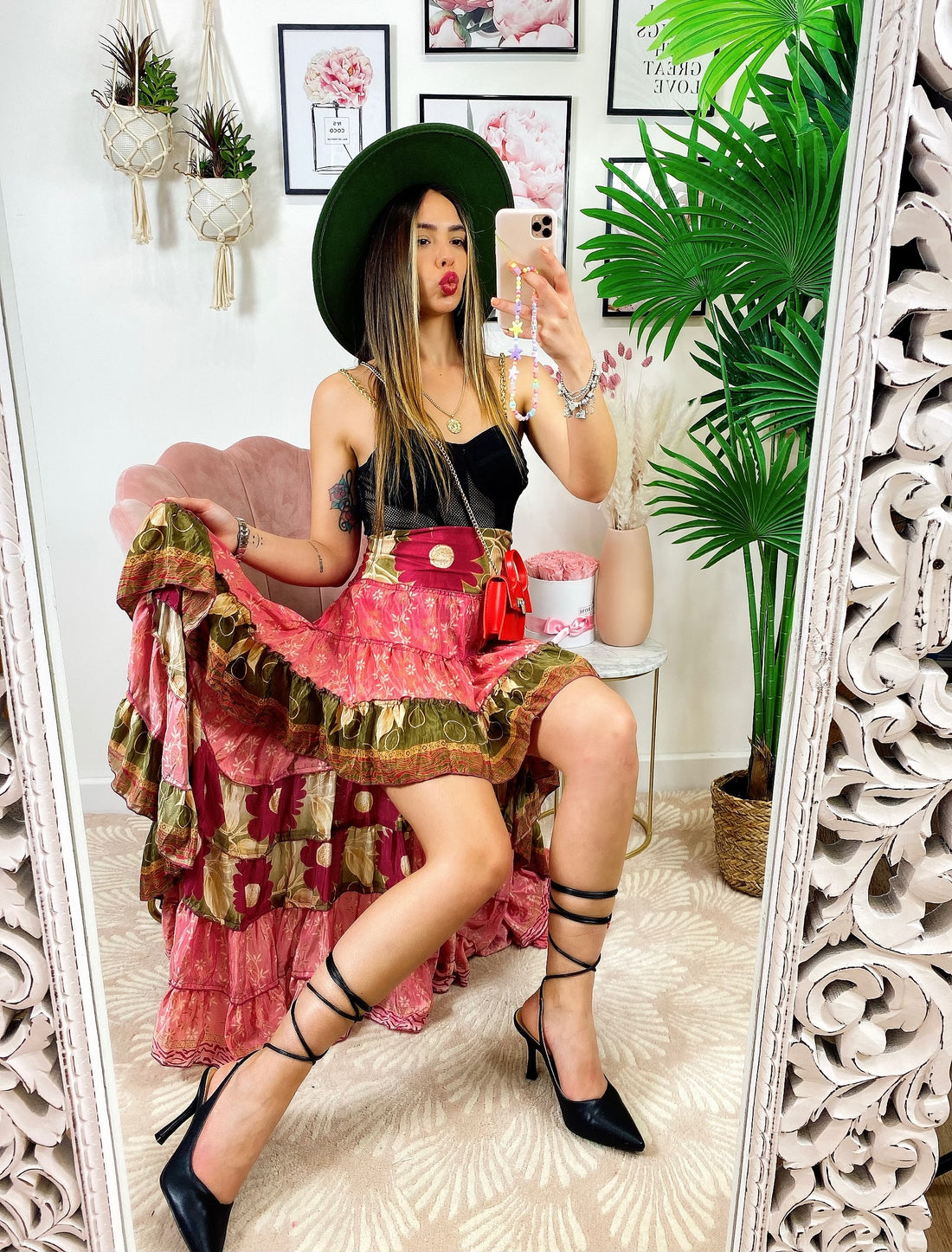 Gonna asimmetrica Rosa fiori bordeaux - R.a. Boutique 