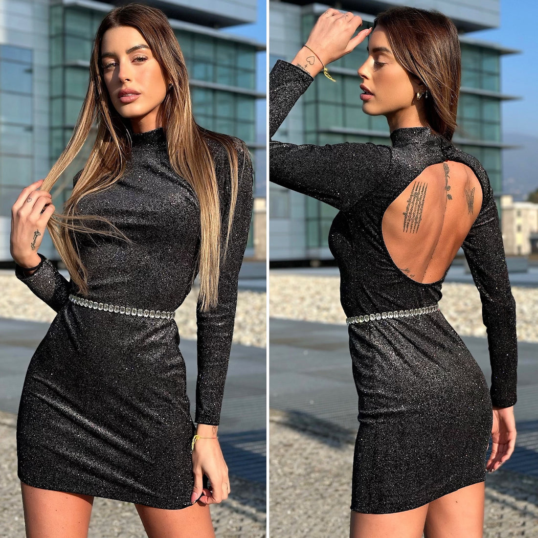 Abito schiena aperta glitter nero - R.a. Boutique 