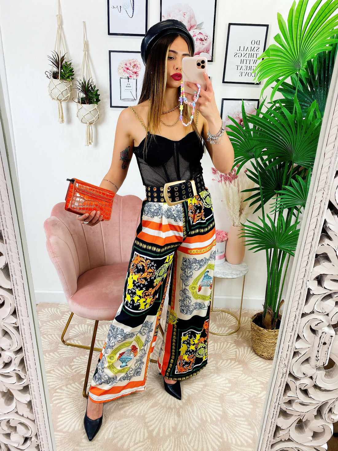 Pantalone a zampa stampa etnica Base Arancio - R.a. Boutique 