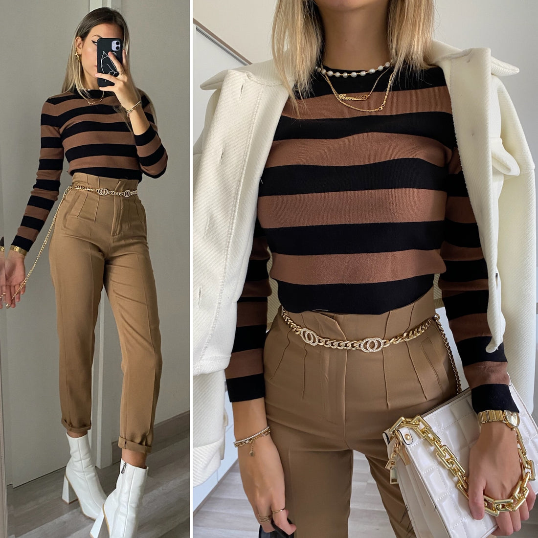 Maglioncino a righe Nero Camel - R.a. Boutique 