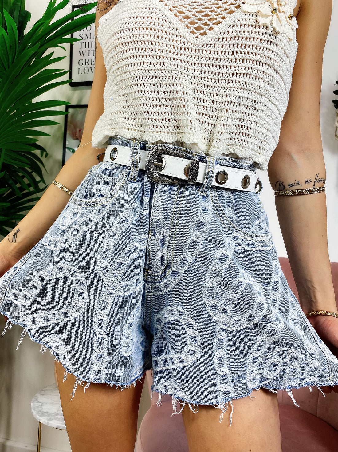 Short in jeans stampa catena - R.a. Boutique 