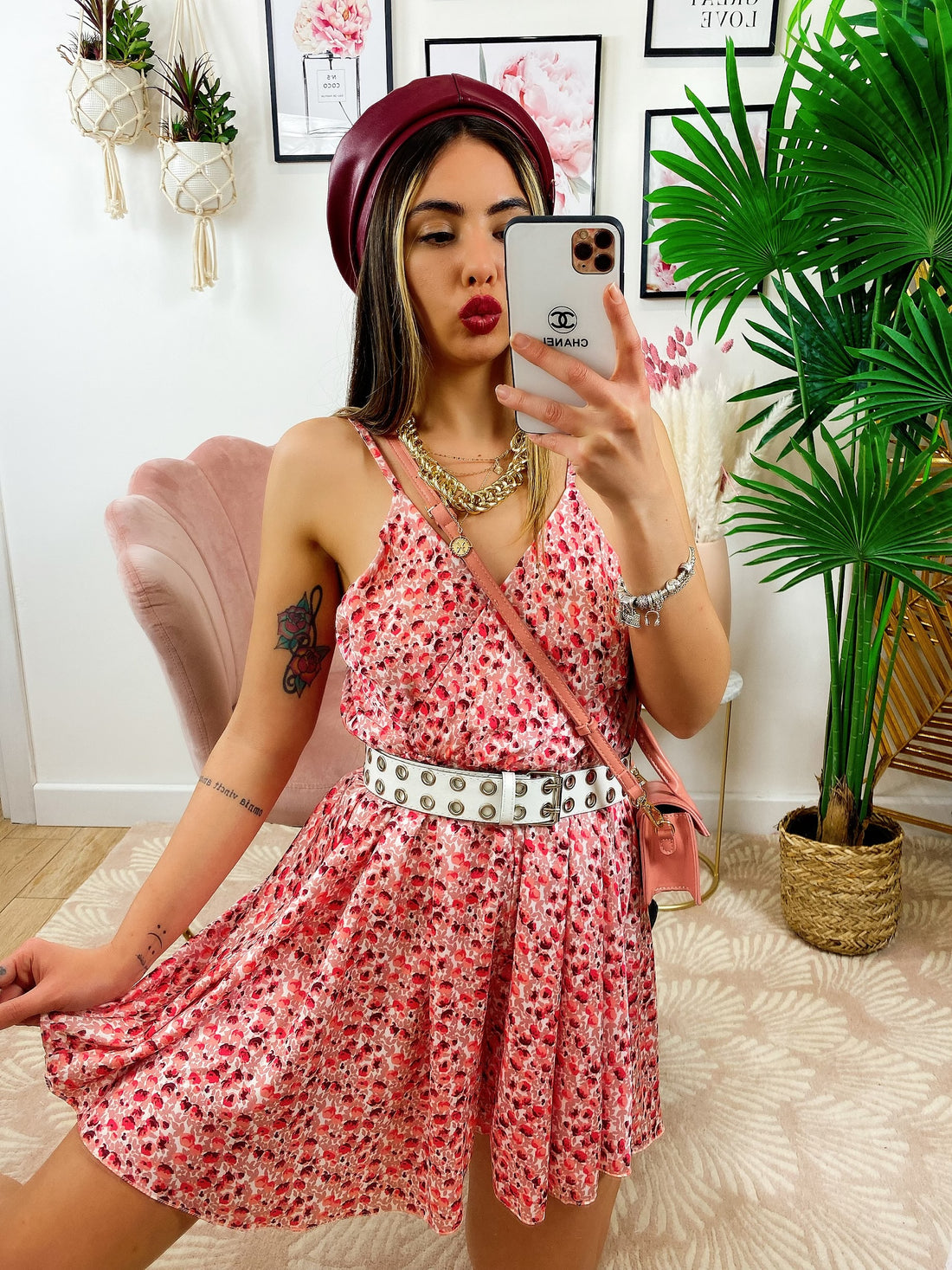 Abito a bretellina con fiorellini Fuxia - R.a. Boutique 