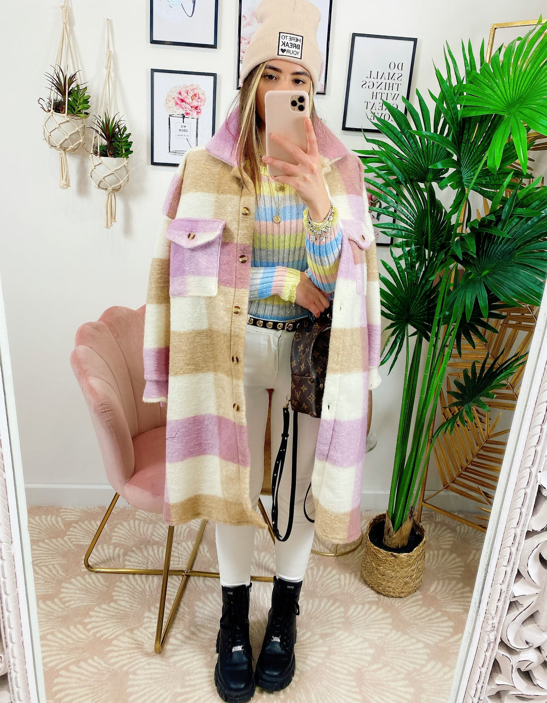 Giacca a quadri lilla/beige lunga con frange - R.a. Boutique 