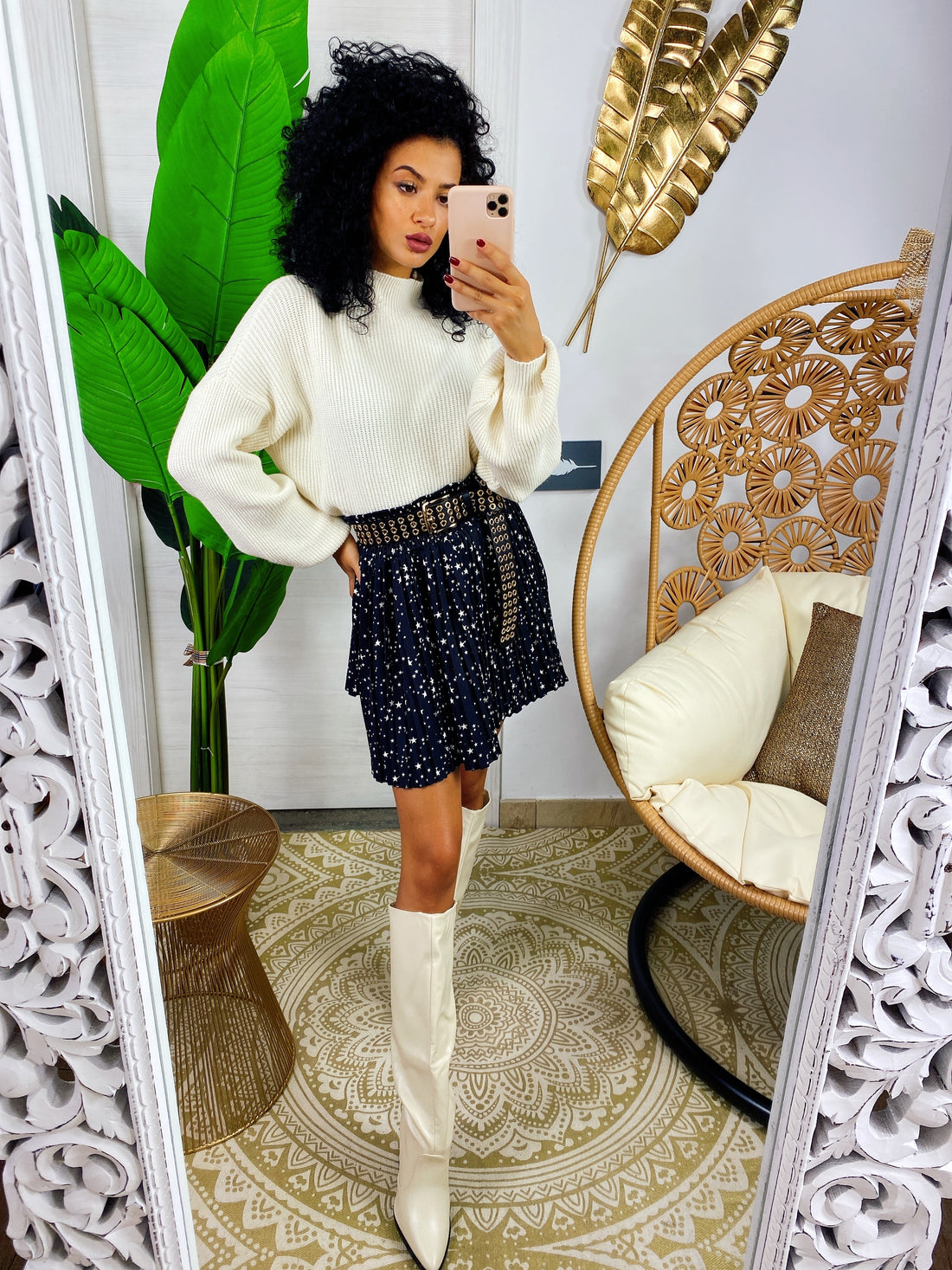 Maglione a collo alto manica ampia beige - R.a. Boutique 