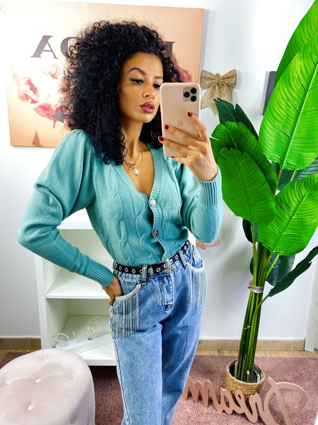 Maglioncino a trecce con bottoni Verdeacqua - R.a. Boutique 