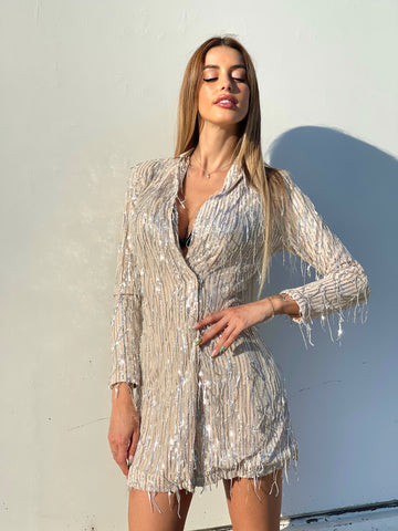 Abito nude frange in paillettes argento - R.a. Boutique 