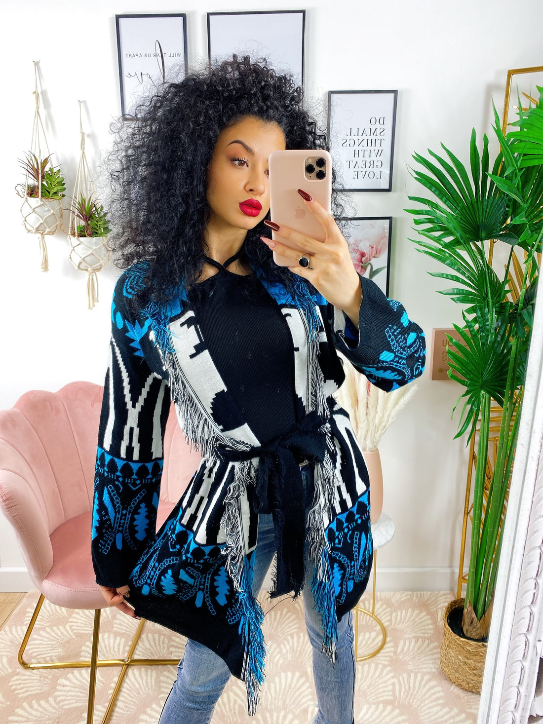 Cardigan frange e cinta sfumature azzurro - R.a. Boutique 