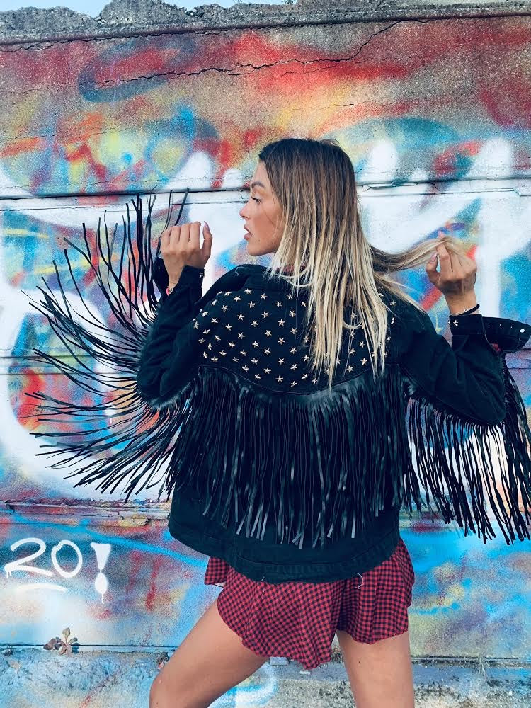 Giaccone di jeans nero con frange - R.a. Boutique 