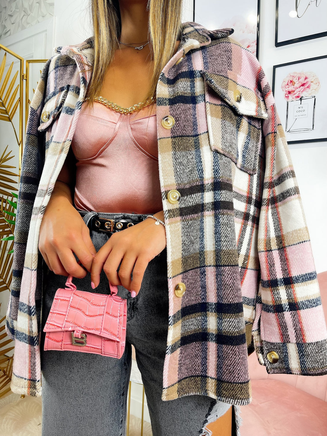 Giacca a quadri dettaglio rosa corta - R.a. Boutique 