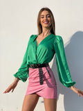 Body in raso scollo a V verde smeraldo - R.a. Boutique 