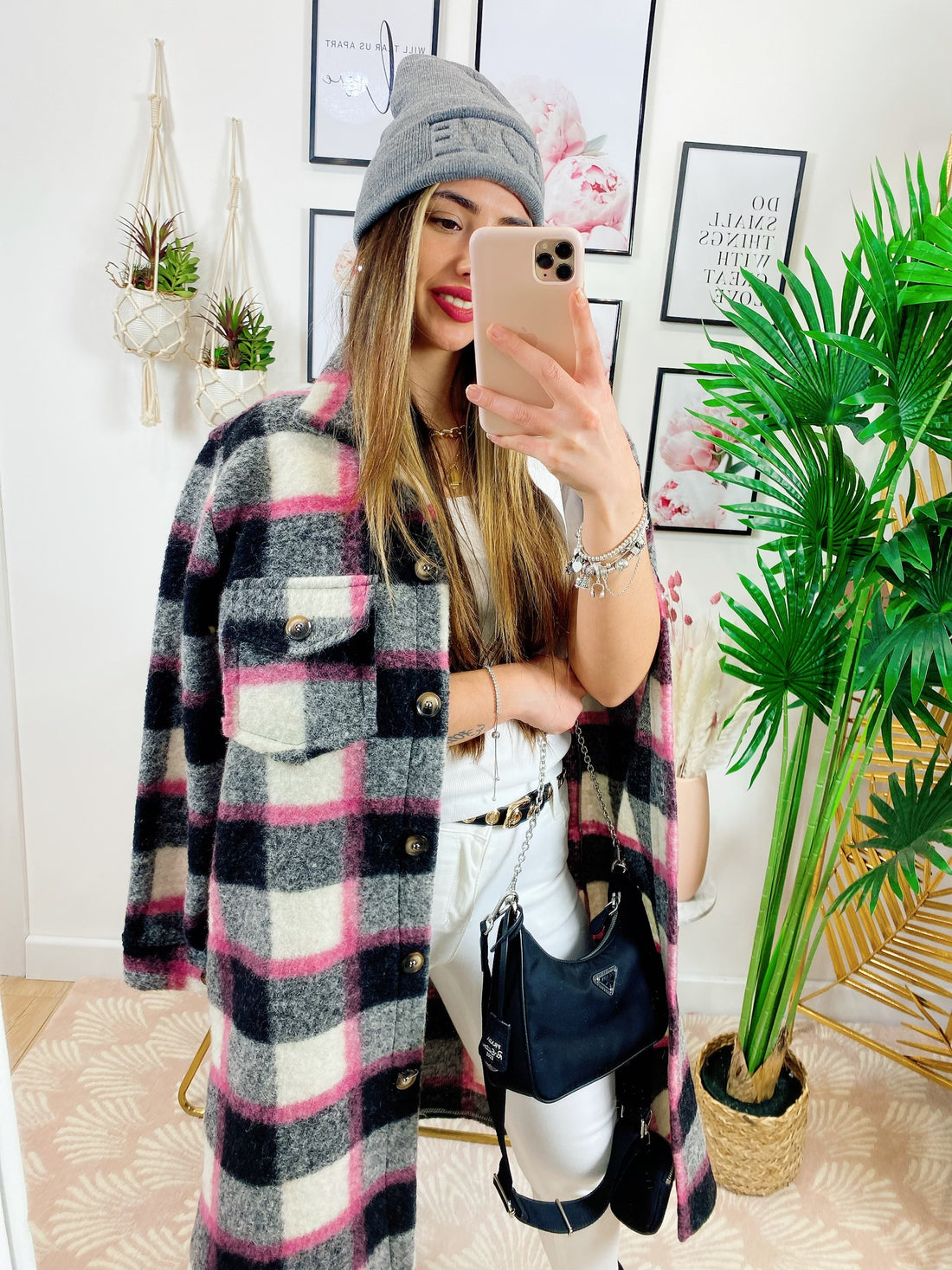 Giacca a quadri lunga Black dettaglio fucsia - R.a. Boutique 