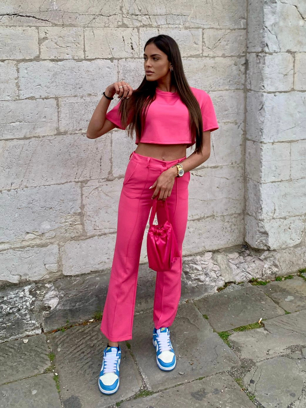 Completo maglia crop e pantalone Fuxia - R.a. Boutique 