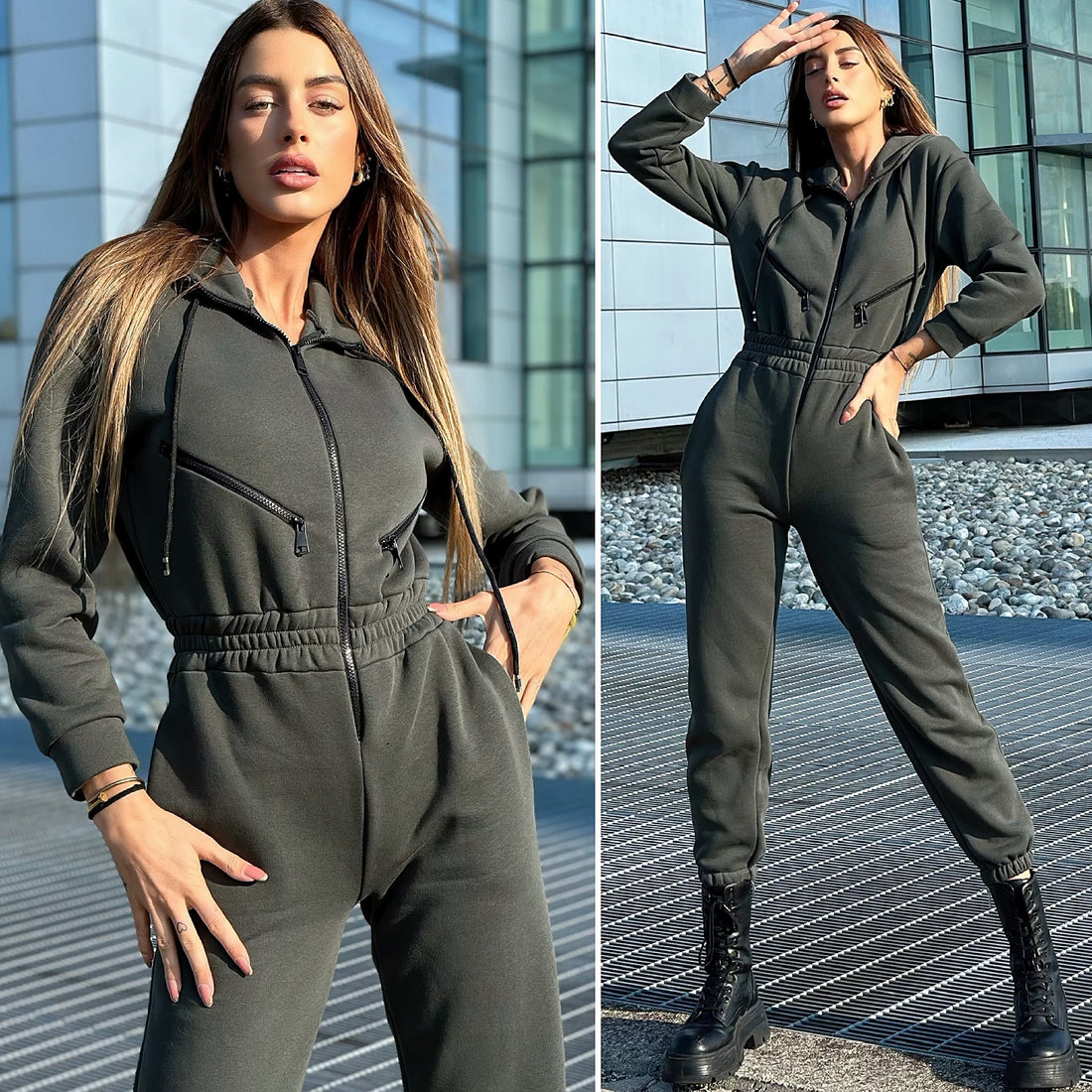 Tuta intera verde militare con zip - R.a. Boutique 