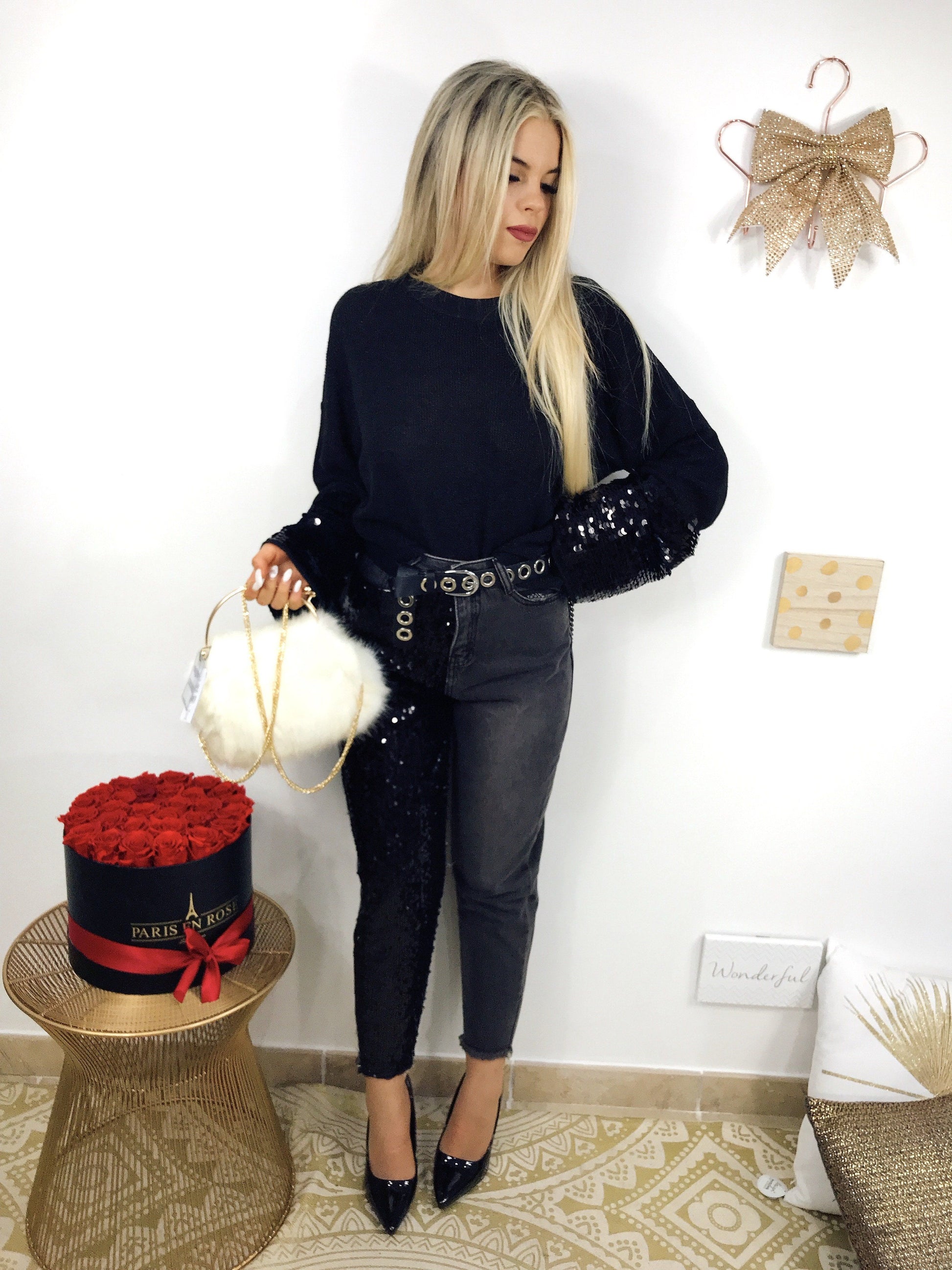 Jeans nero con paillettes - R.a. Boutique 